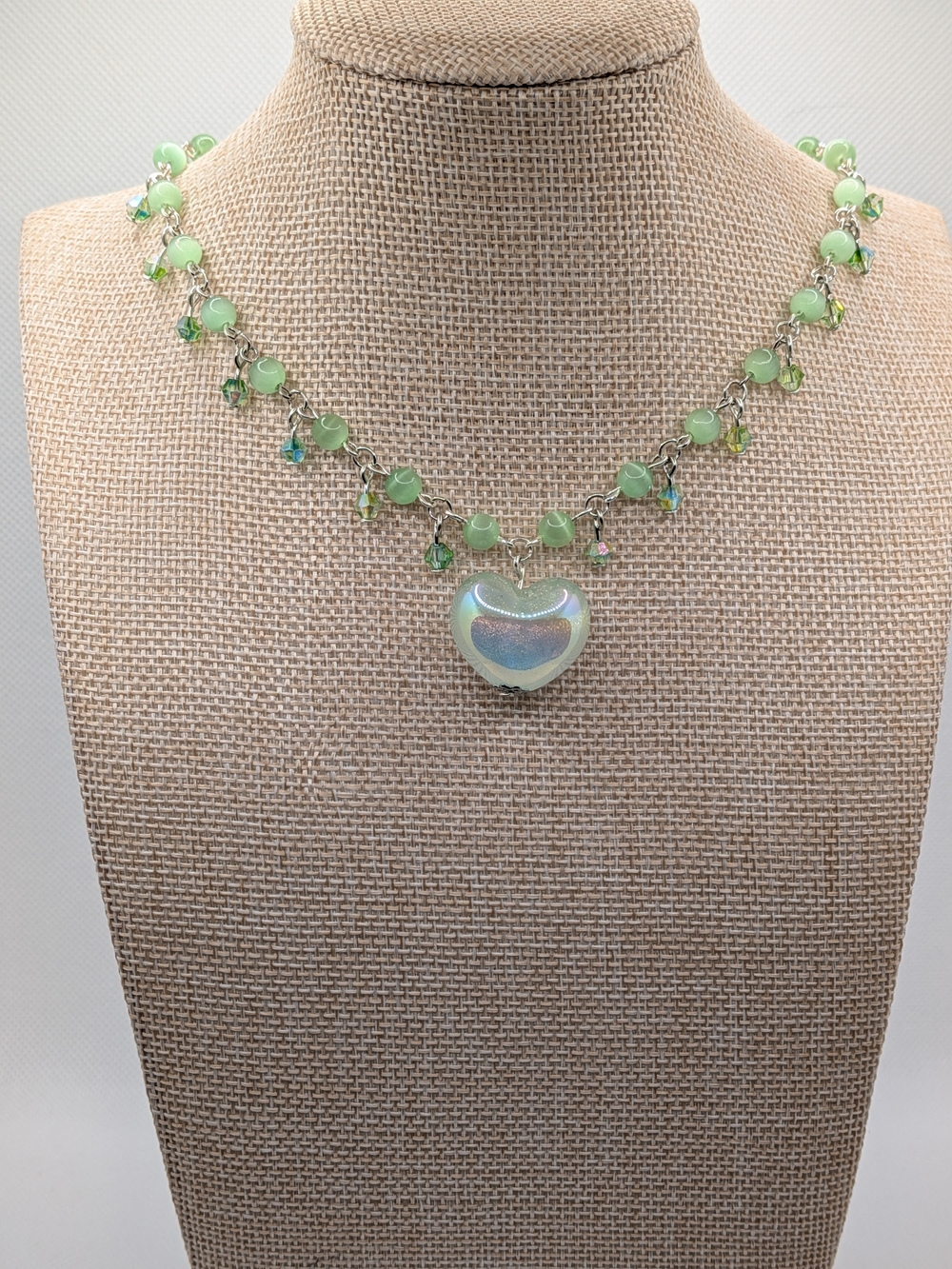 Green Glittery Heart Pendant Choker Necklace with Green Iridescent Accents